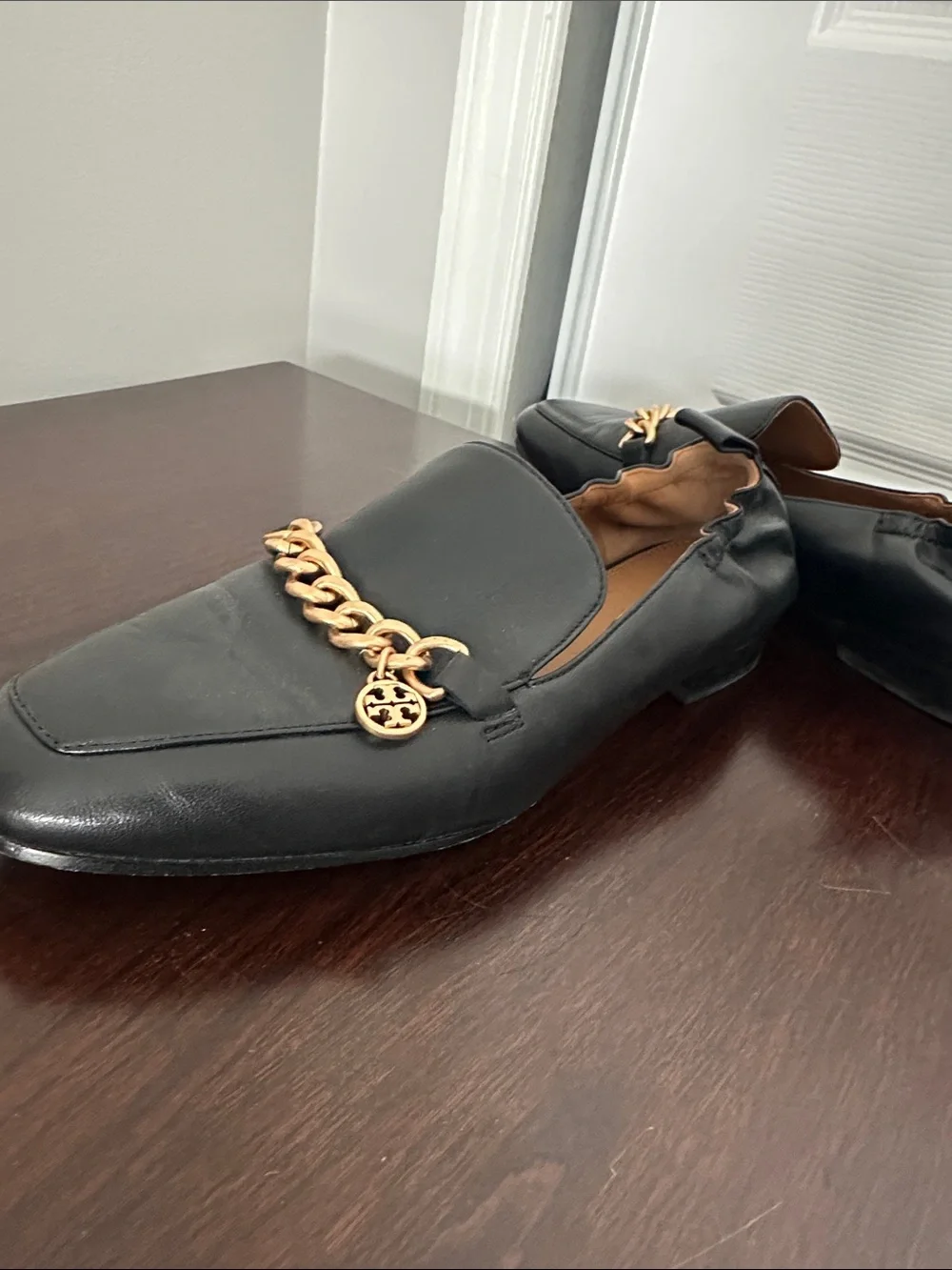 Tory Burch Black Leather Loafers with Gold Chain Trim